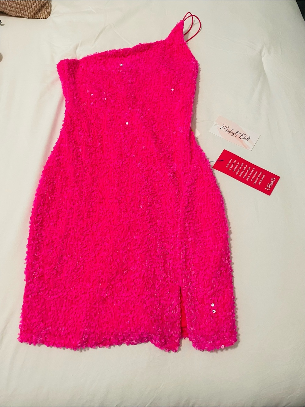One-Shoulder Sequin Mini Dress in Bright Pink